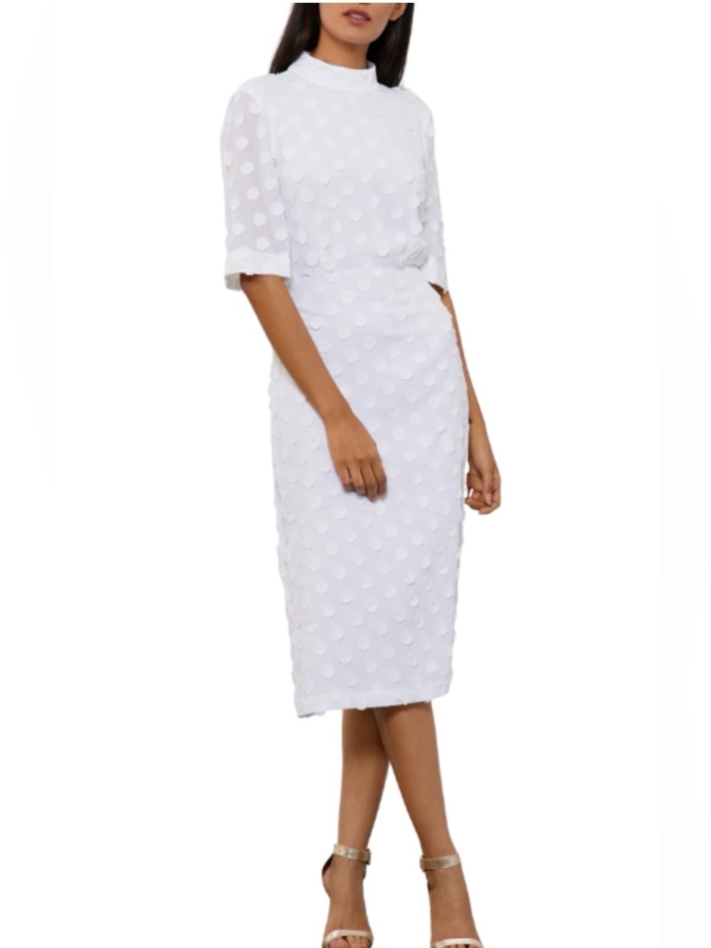 Bcbgmaxazria White Textured Polka Dot Midi Dress. Size M